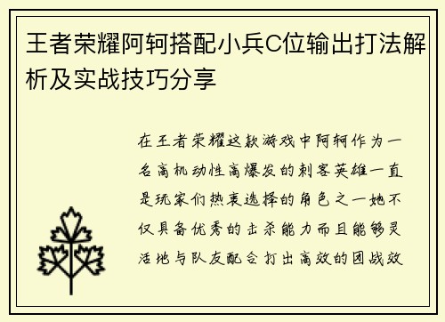 王者荣耀阿轲搭配小兵C位输出打法解析及实战技巧分享