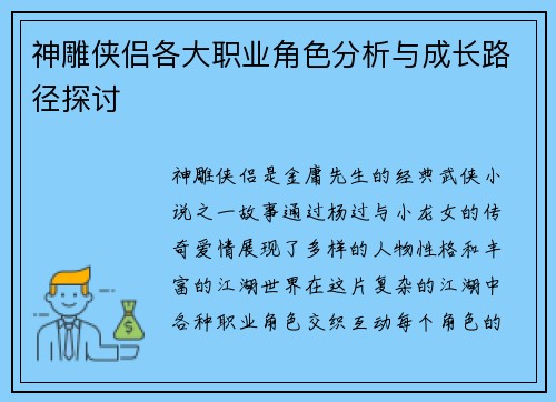 神雕侠侣各大职业角色分析与成长路径探讨
